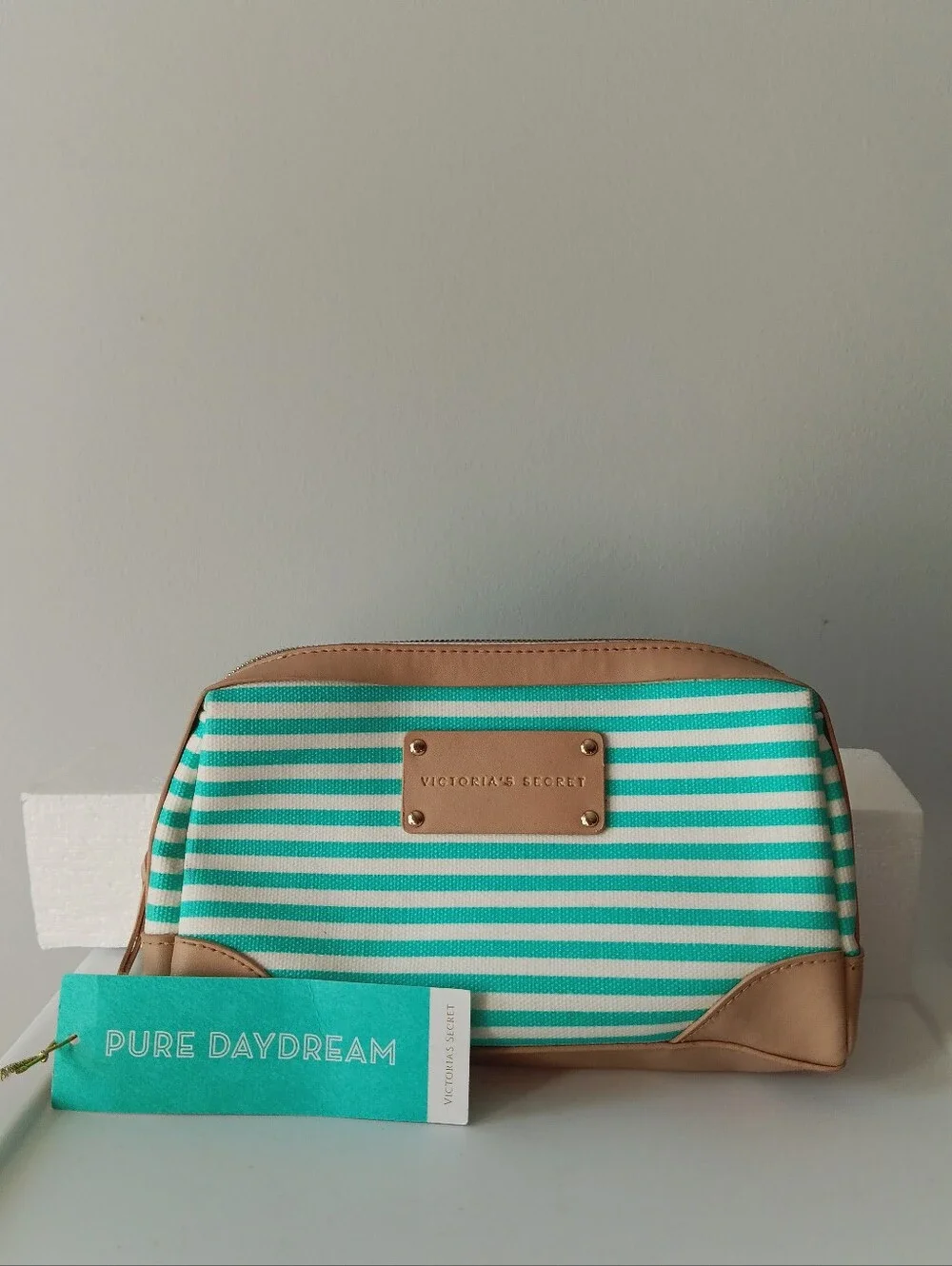 Victoria's Secret Pure Daydream Cosmetics Bag Striped Faux Leather Aqua White